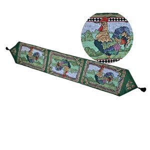 Farmhouse Tapestry Table Runner Tassels Country Rooster Chickens Beth Yarbrough